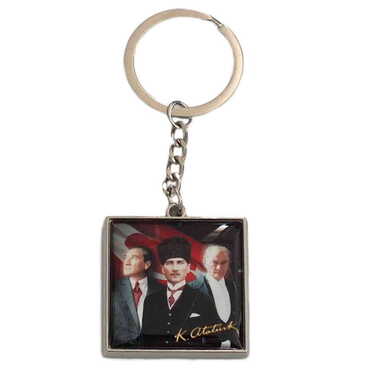 Ataturk Themed Metal Square Shaped Double Face Keychain 36x95 mm - Thumbnail