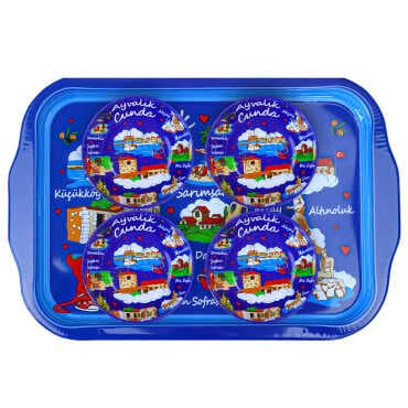 Ayvalık Themed Large Metal Tray with Four Bowl Set