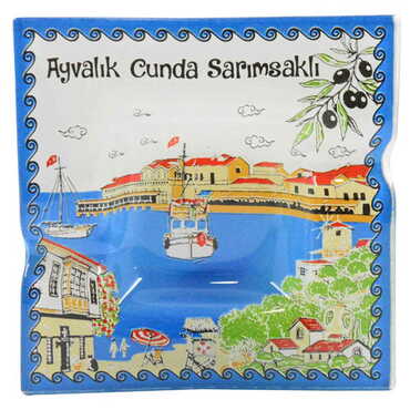 Ayvalik Themed Decorated Glass Ashtray 100X100 Mm - 5