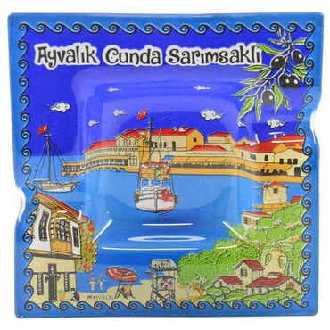 Ayvalik Themed Decorated Glass Ashtray 100X100 Mm - 6
