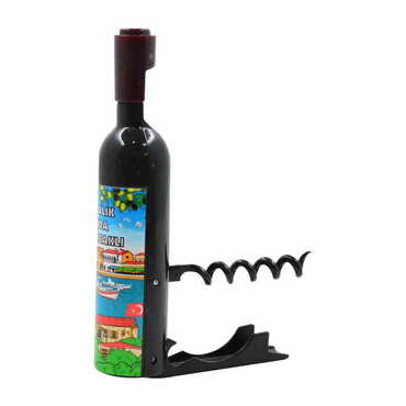 Ayvalik Themed Bottle Shaped Metal Wine Bottle Corkscrew Opener-Magnetic 115x25x25 mm - Thumbnail