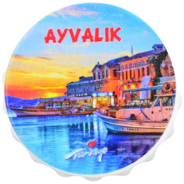 Myros - Ayvalik Themed Customised UV Printed Bottle Cap Shaped Plastic Base Bottle Opener 58x15 mm