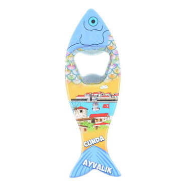 Myros - Ayvalik Themed Customised UV Printed Fish Shape Printed Plastic Base Bottle Opener 42x130 mm