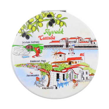 Ayvalik Themed Customised Uv Printed Round Compact Mirror 72x11 mm - Thumbnail