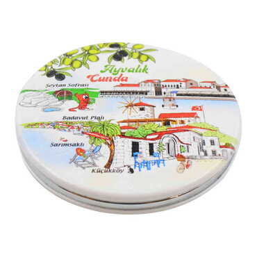 Ayvalik Themed Customised Uv Printed Round Compact Mirror 72x11 mm - Thumbnail