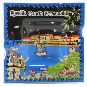 Ayvalik Themed Decorated Glass Ashtray 100X100 Mm - Thumbnail