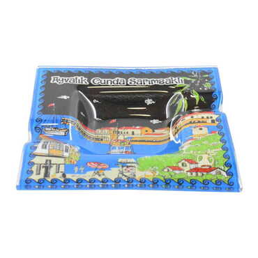 Ayvalik Themed Decorated Glass Ashtray 100X100 Mm - Thumbnail