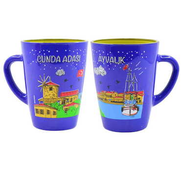 Ayvalik Themed Duo Colored and Printed Glass Mug - Thumbnail