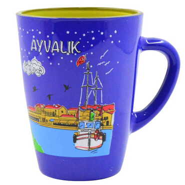 Ayvalik Themed Duo Colored and Printed Glass Mug - Thumbnail