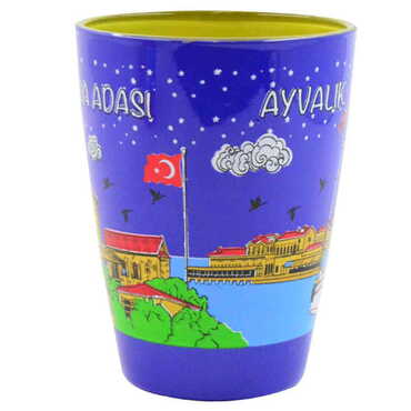 Ayvalik Themed Duo Colored and Printed Glass Mug - Thumbnail