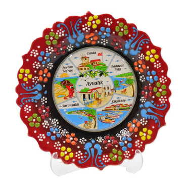 Ayvalik Themed Turkish Ceramic Plate With Epoxy 18 Cm - Thumbnail