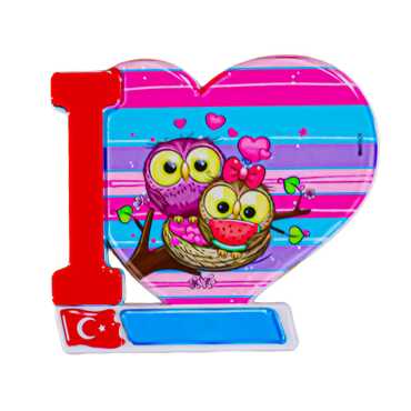 Baykuş Temalı Uv Baskılı Kalp Şekilli Magnet 86x62 mm - Myros