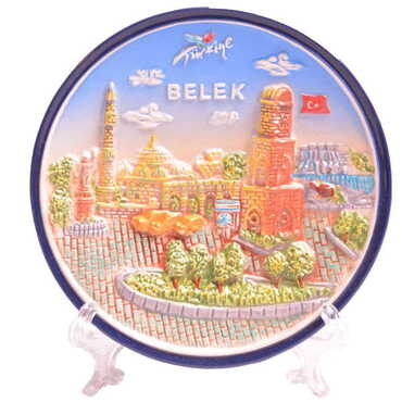 Myros - Belek Themed Ceramic Blue Decorative Plate 10 Cm