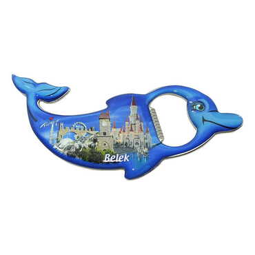 Belek Themed Dolphin Shaped Metal Magnetic Bottle Opener 102x67 mm - Thumbnail