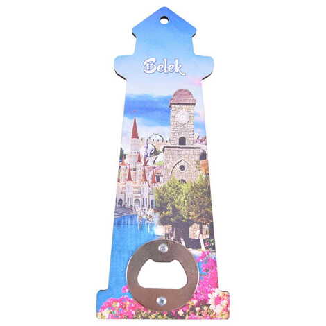 Belek Themed Lighthouse Shaped Printed MDF Wooden Bottle Opener 188x77 mm