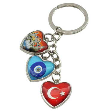 Myros - Belek Themed Metal Keychain With 3 Charms - Heart 40x85 mm