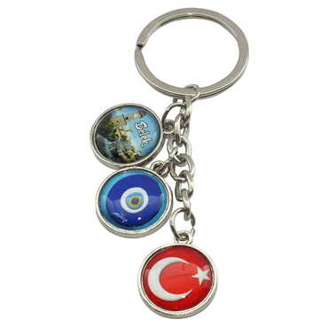 Myros - Belek Themed Metal Keychain With 3 Charms - Mixed 40x90 mm