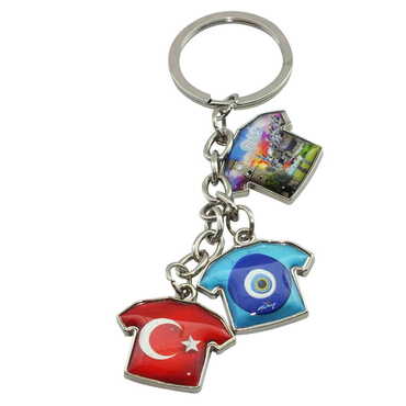 Belek Themed Metal Keychain With 3 Charms - T-Shirt 40x95 mm - Thumbnail