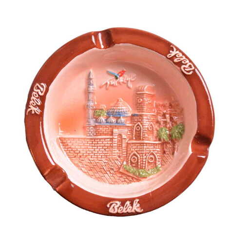 Belek Themed Round Shaped Ceramic Brown Ashtray