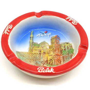 Myros - Belek Themed Round Shaped Ceramic Burgundy Ashtray