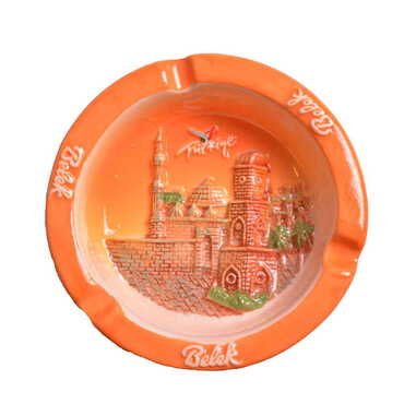 Myros - Belek Themed Round Shaped Ceramic Orange Ashtray