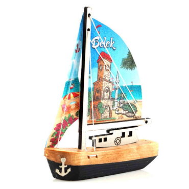 Belek Themed Sailboat Wooden Magnet - Thumbnail