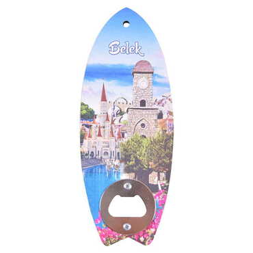 Myros - Belek Themed Surf Board Shaped Printed MDF Wooden Bottle Opener 185x72 mm