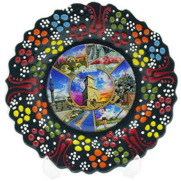 Belek Themed Turkish Ceramic Plate With Epoxy 12 Cm - Thumbnail