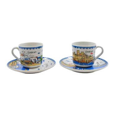 Bodrum Themed Turkish Ceramic Custom Printed Turkish Coffee Cup Set of 2 pcs - 2