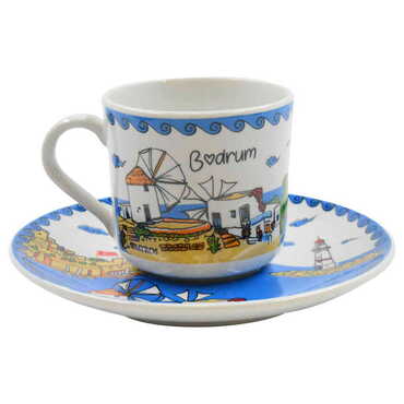 Bodrum Themed Turkish Ceramic Custom Printed Turkish Coffee Cup Set of 2 pcs - 3