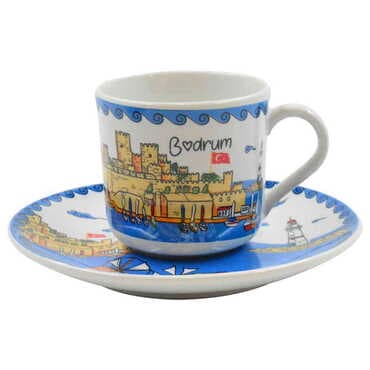 Bodrum Themed Turkish Ceramic Custom Printed Turkish Coffee Cup Set of 2 pcs - 4