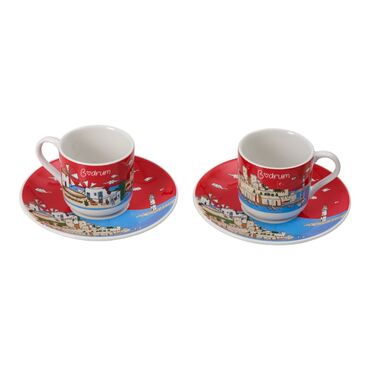 Bodrum Themed Turkish Ceramic Custom Printed Turkish Coffee Cup Set of 2 pcs - 5