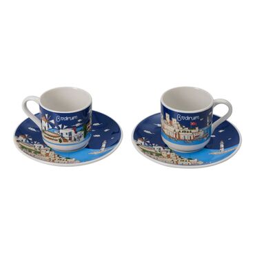 Bodrum Themed Turkish Ceramic Custom Printed Turkish Coffee Cup Set of 2 pcs - 6
