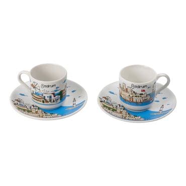 Bodrum Themed Turkish Ceramic Custom Printed Turkish Coffee Cup Set of 2 pcs - 7
