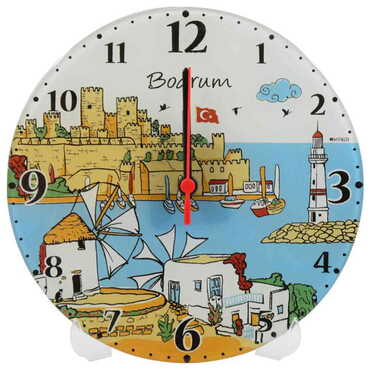 Myros - Bodrum Temalı Dekorlu Cam Saat 25 cm