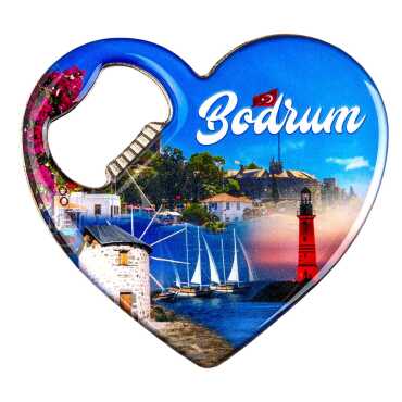Bodrum Temalı Myros Metal Kalp Açacak Magnet 85x76 mm - 1