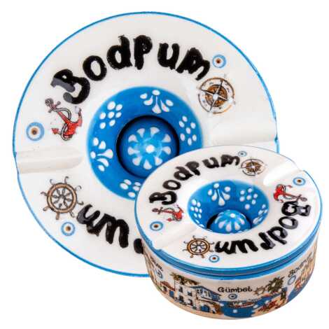 Bodrum Temalı Yöresel Seramik Kapaklı Küçük Küllük 110 Mm - 1