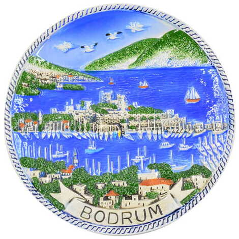 Bodrum Themed Blue Ceramic Plate 10 Cm