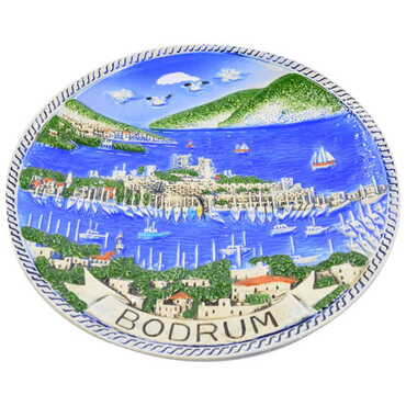 Bodrum Themed Blue Ceramic Plate 10 Cm - Thumbnail