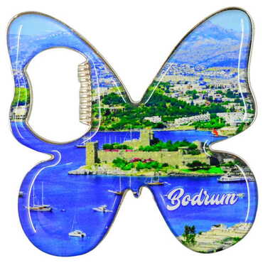 Bodrum Themed Butterfly Shaped Metal Magnetic Bottle Opener 70x70 mm - Thumbnail