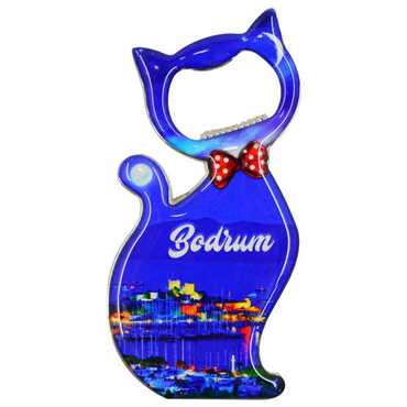 Bodrum Themed Cat Shaped Metal Magnetic Bottle Opener 97x48 mm - Thumbnail