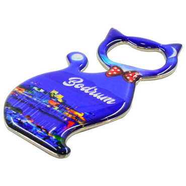 Bodrum Themed Cat Shaped Metal Magnetic Bottle Opener 97x48 mm - Thumbnail