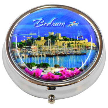 Bodrum Themed Customised Epoxy Round Pill Box 50x15 mm - Thumbnail