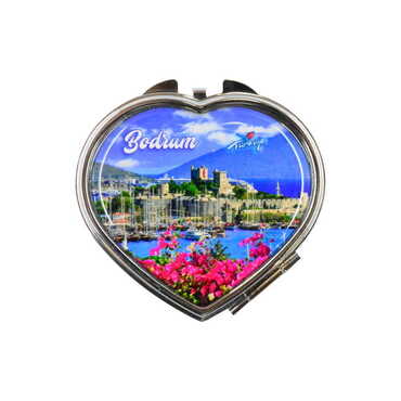 Bodrum Themed Customised Metal Epoxy Travel Make Up Compact Heart Shaped Mirror 70x65x8 mm - Thumbnail