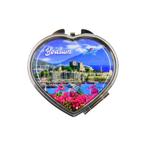 Bodrum Themed Customised Metal Epoxy Travel Make Up Compact Heart Shaped Mirror 70x65x8 mm - 1