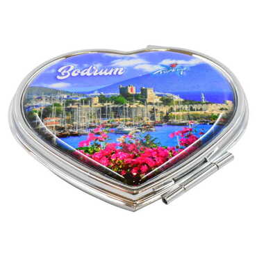 Bodrum Themed Customised Metal Epoxy Travel Make Up Compact Heart Shaped Mirror 70x65x8 mm - Thumbnail