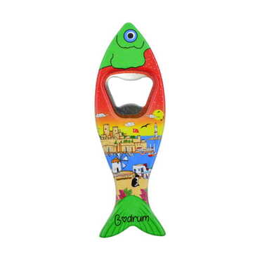 Myros - Bodrum Themed Customised UV Printed Fish Shape Printed Plastic Base Bottle Opener 42x130 mm