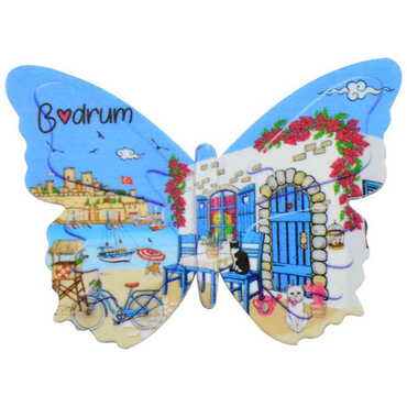 Myros - Bodrum Themed Customised UV Printed Plastic Base Butterfly Shaped Fridge Magnet 80x58 mm