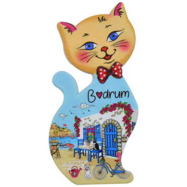 Myros - Bodrum Themed Customised UV Printed Plastic Base Cat Shaped Fridge Magnet 43x87 mm