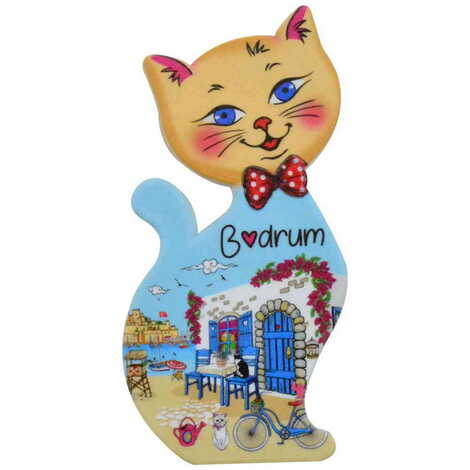 Bodrum Themed Customised UV Printed Plastic Base Cat Shaped Fridge Magnet 43x87 mm - 1